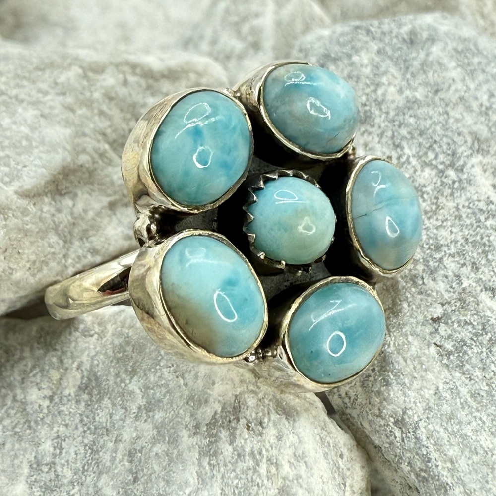 Sterling Silver Larimar Floral Cluster Ring Size 10 Boho Southwestern 925 - Picture 3 of 17